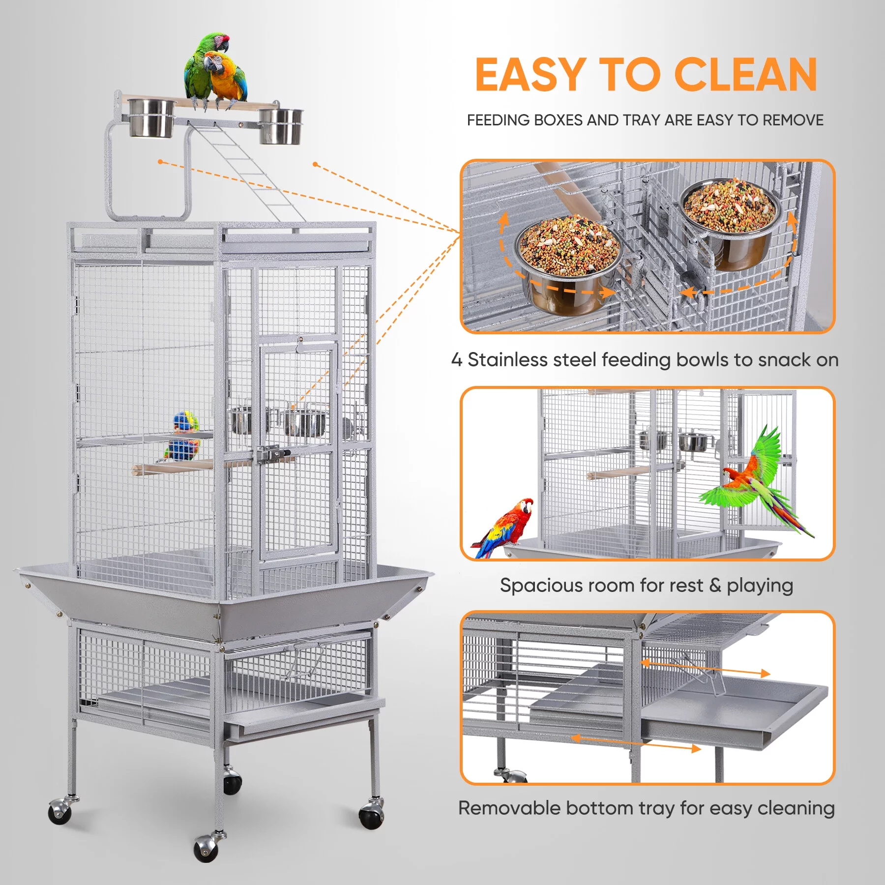 ZENY 61 Large Bird Cage with Rolling Stand for Parrot Cockatoo Pet House Wrought Iron Birdcage, White - MadeInUSA
