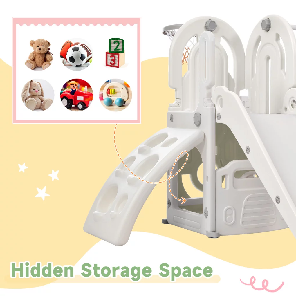 Toddler Slide and Climb Set, 4 in 1 Kids Climber Slide with Basketball Hoop and Storage Space, Freestanding Combination Slide with Armrest for Children Teens Boys Girls - MadeInUSA