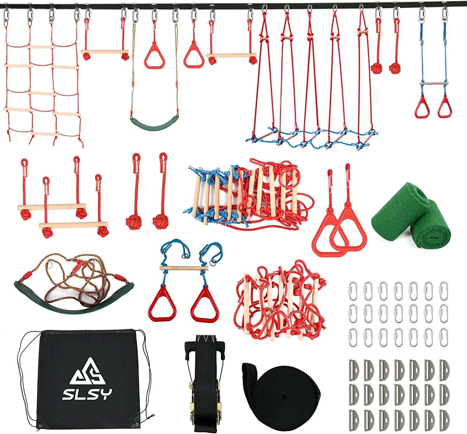 Slsy Ninja Warrior Obstacle Course for Kids, 60ft Ninja Slackline-with 10 Most Complete Accessories,Tree Protectors & Carry Bag Ninja Course for Kids Outside - MadeInUSA