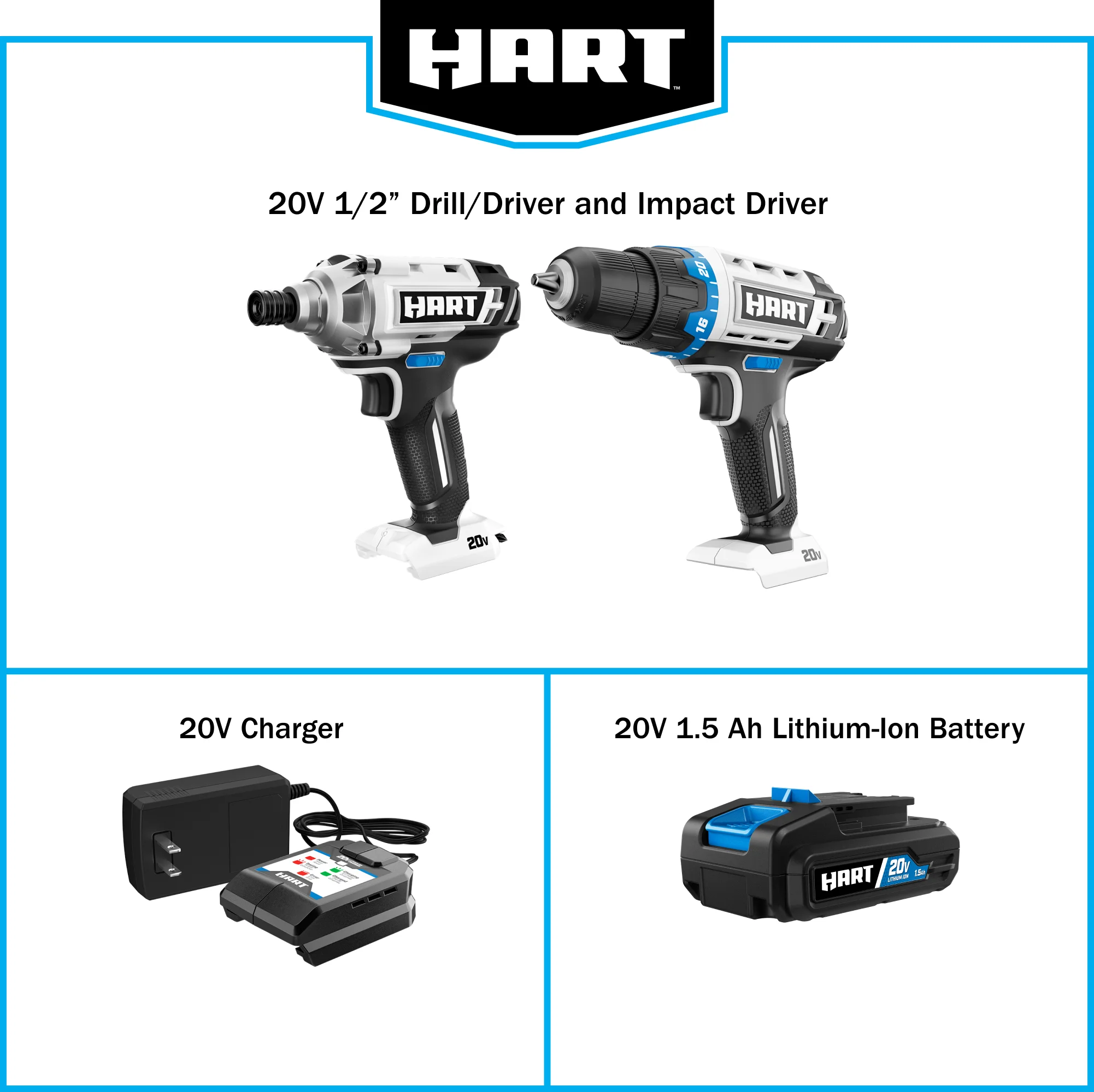 HART 20-Volt Cordless 2-Tool Combo Kit, 1/2-inch Drill/Driver, Impact Driver, (1) 1.5Ah Lithium-Ion Battery - MadeInUSA