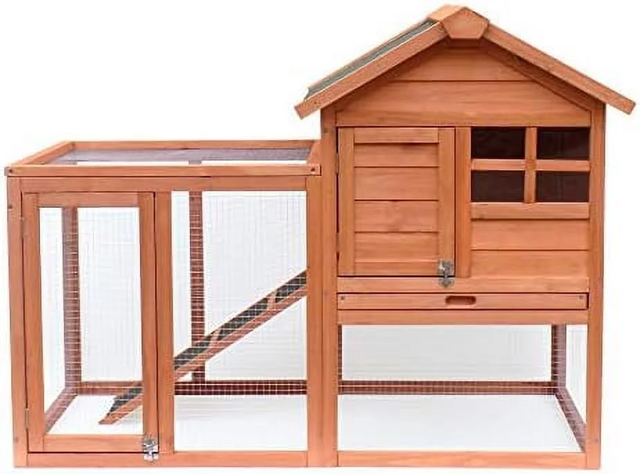 Rabbit Hutch Indoor And Outdoor Bunny Cage 2 Story Pet House Chicken Coop Poultry Cage With Removable No Leakage Tray (Natural Wood) - MadeInUSA