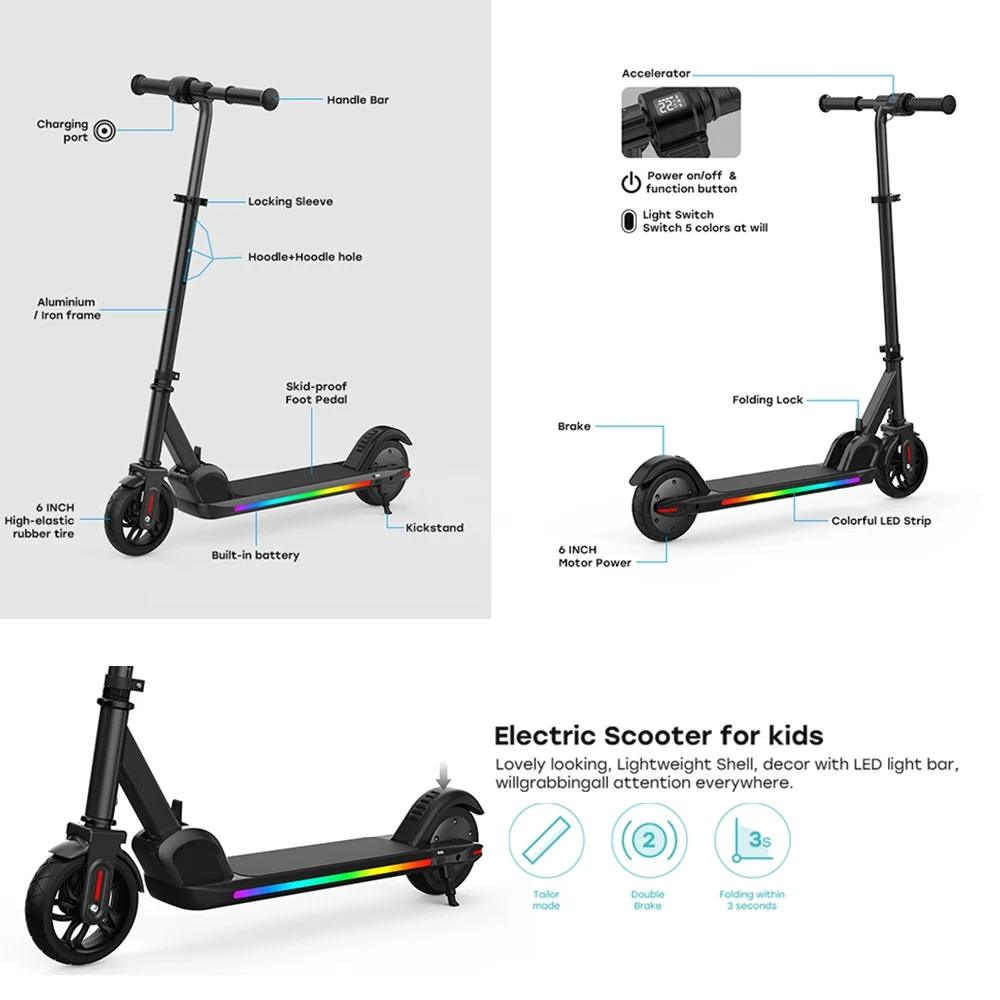Electric Scooter for Kids, Foldable Scooter with Colourful Rainbow Light and LED Display, Adjustable Speed and Height, Black - MadeInUSA