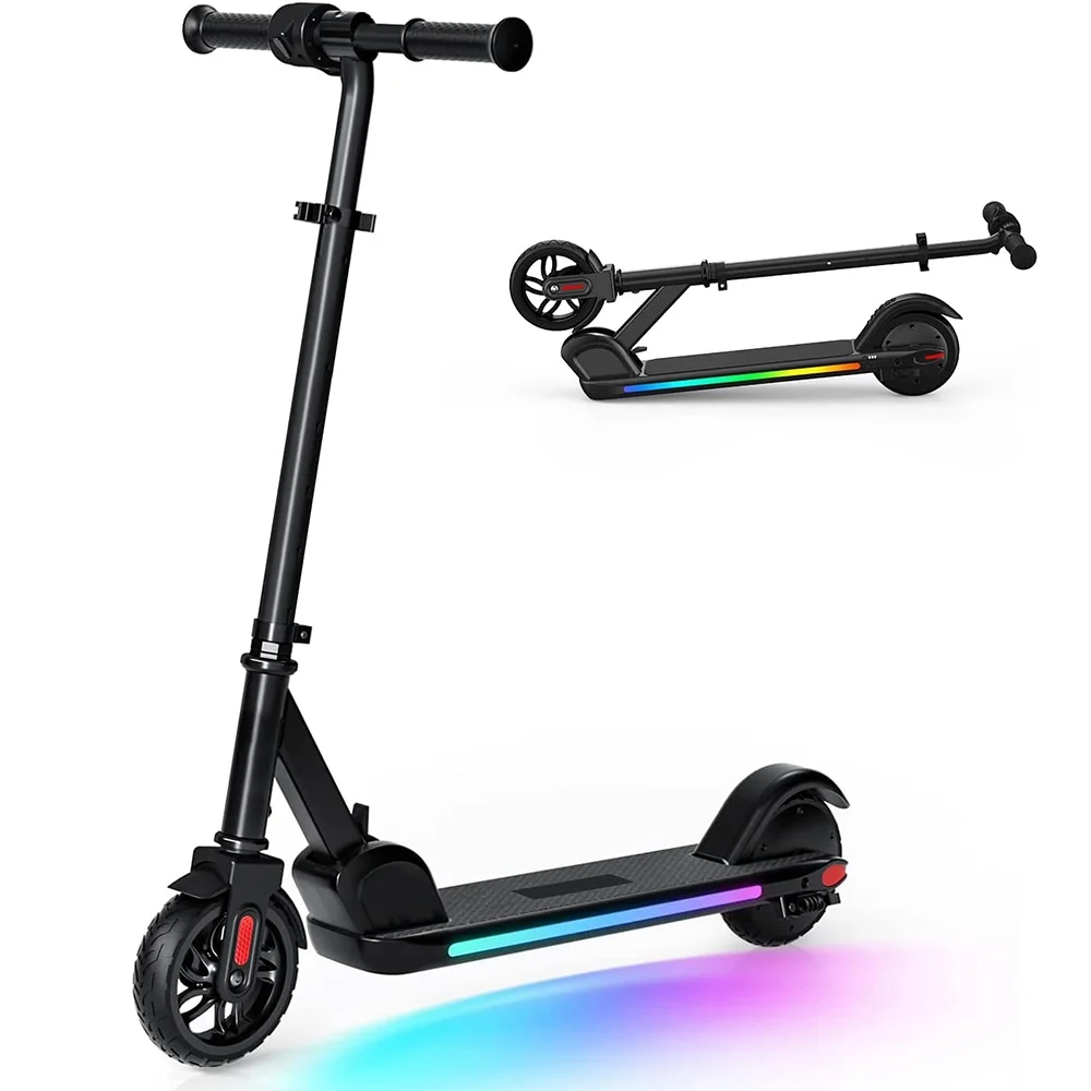 Electric Scooter for Kids, Foldable Scooter with Colourful Rainbow Light and LED Display, Adjustable Speed and Height, Black - MadeInUSA