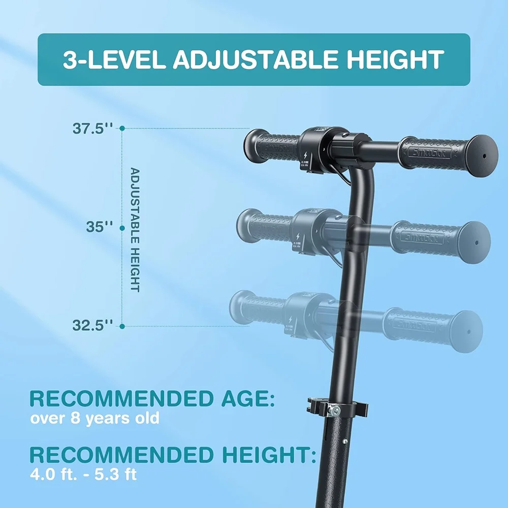 Electric Scooter for Kids, Foldable Scooter with Colourful Rainbow Light and LED Display, Adjustable Speed and Height, Black - MadeInUSA