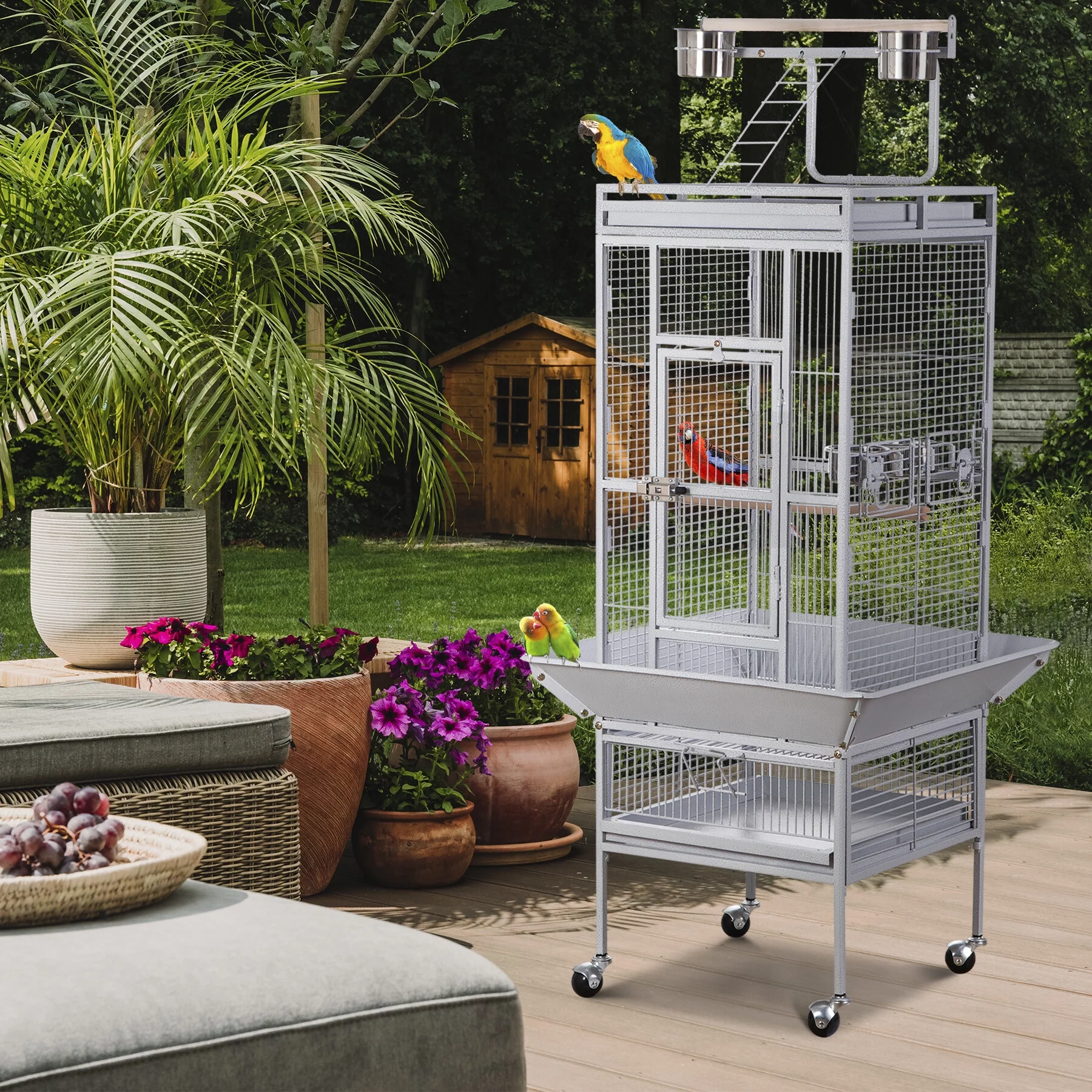 ZENY 61 Large Bird Cage with Rolling Stand for Parrot Cockatoo Pet House Wrought Iron Birdcage, White - MadeInUSA