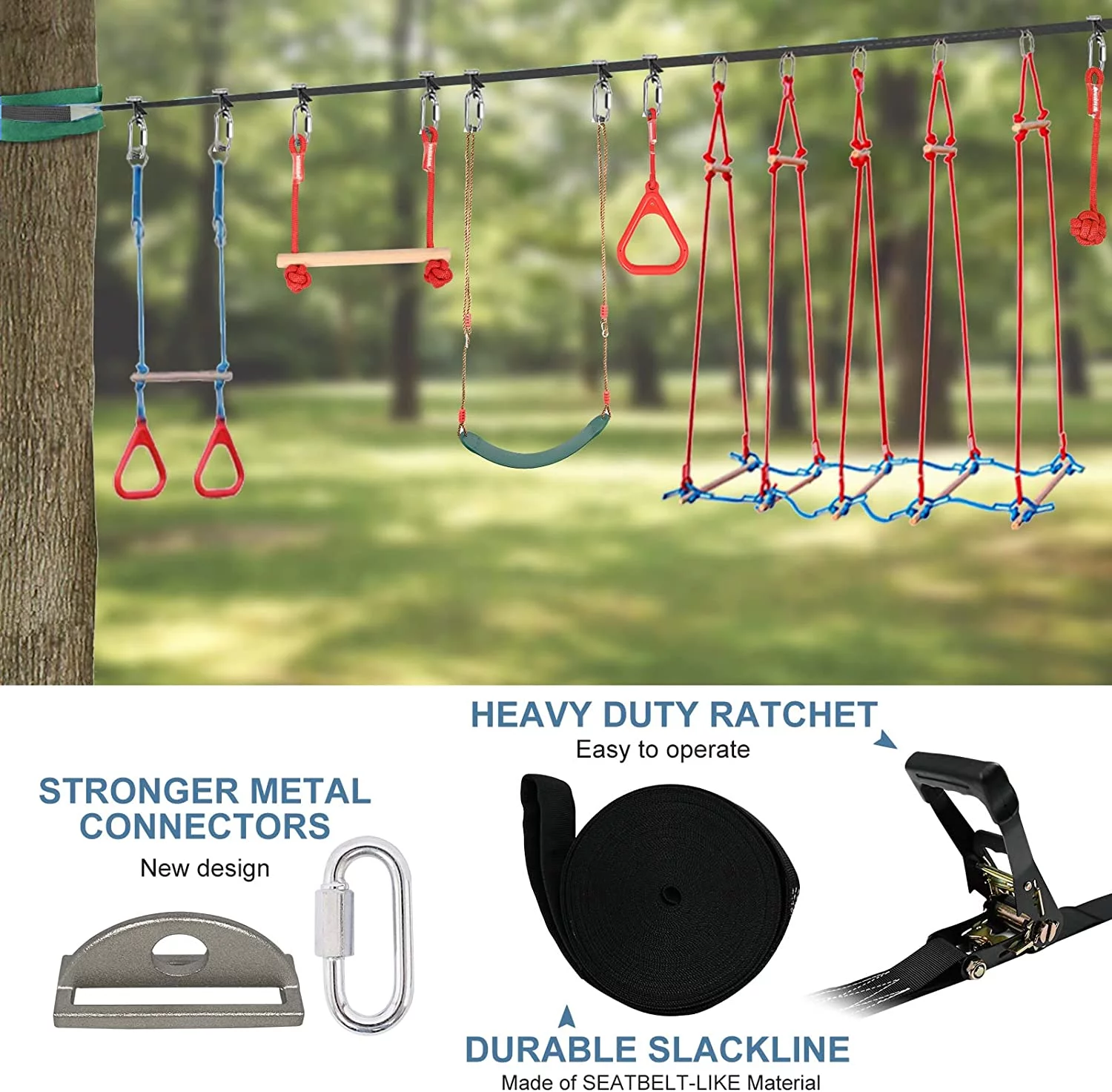 Slsy Ninja Warrior Obstacle Course for Kids, 60ft Ninja Slackline-with 10 Most Complete Accessories,Tree Protectors & Carry Bag Ninja Course for Kids Outside - MadeInUSA