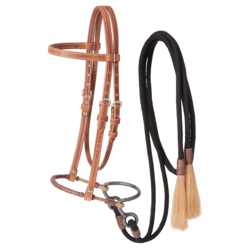 Tough1 Harness Leather Headstall with Training Bosal & Cord Split Reins