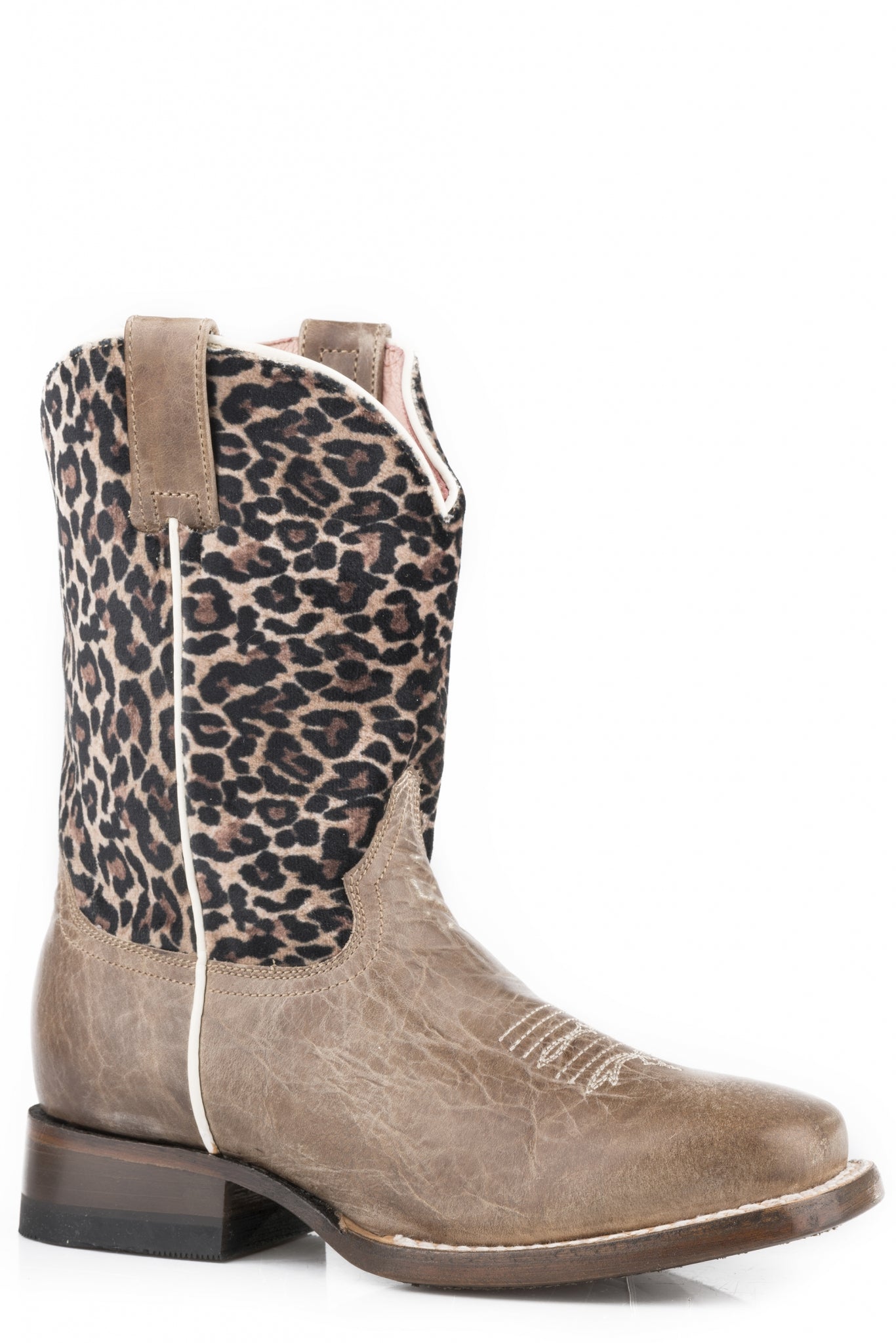 Roper Kids Waxy Brown/Leopard Print Leather Boots