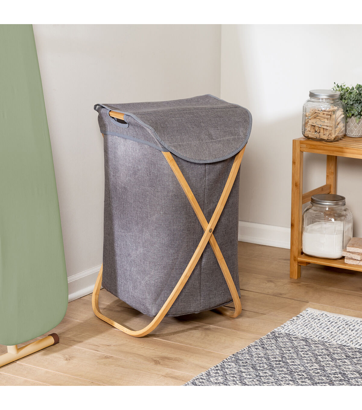 Honey Can Do 16 x 27.5 Gray & Natural Bamboo Folding Hamper With Lid