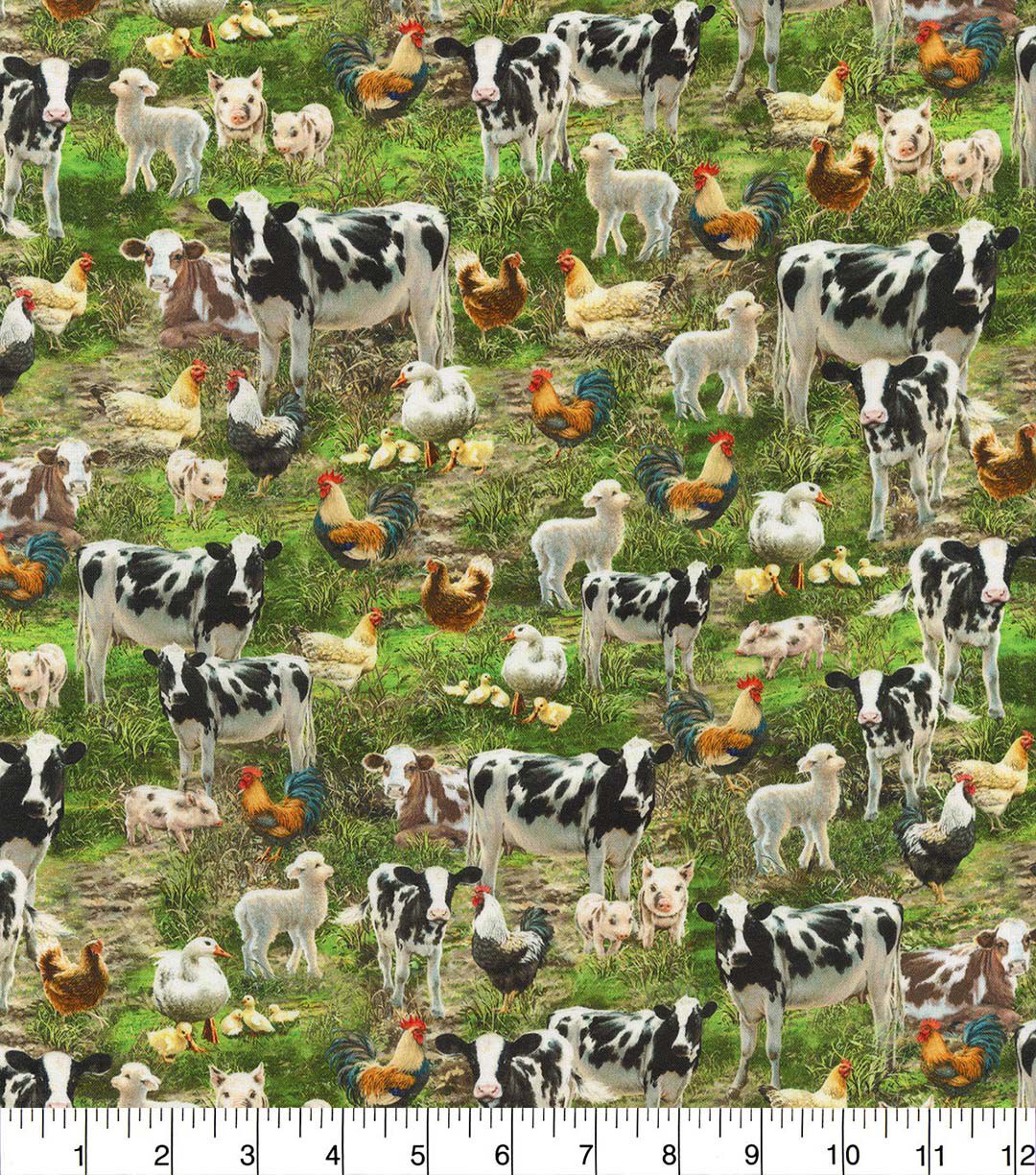 Hi Fashion Barnyard Animals on Green Novelty Cotton Fabric