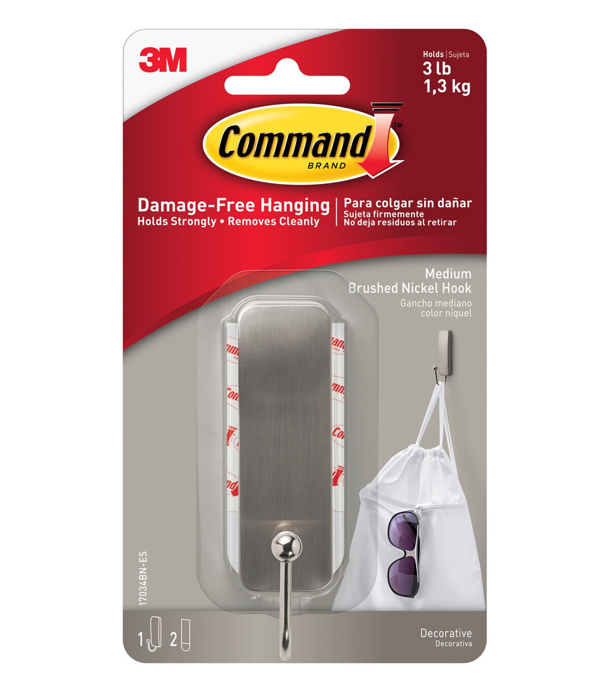 Command 3lbs Brushed Nickel Medium Decorative Hook & Strips 3ct