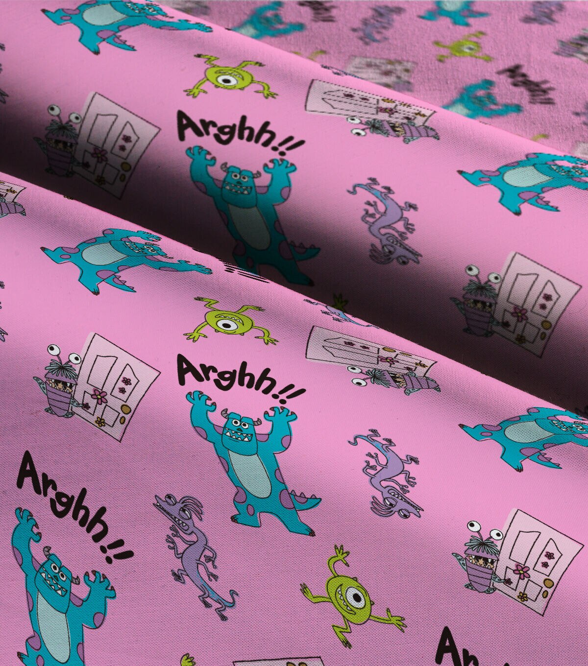 Monsters Inc Door Toss on Pink Cotton Fabric