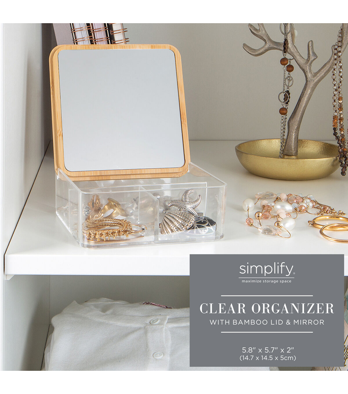 Simplify 6 Clear 3 Compartment Organizer With Bamboo Lid & Mirror