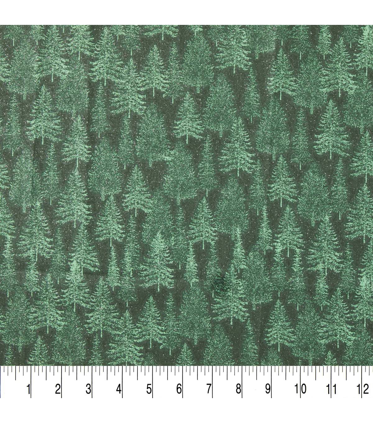 Green Trees Christmas Glitter Cotton Fabric
