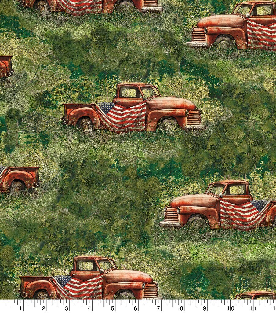 Springs Creative Red Truck With Flag Patriotic Cotton Fabric