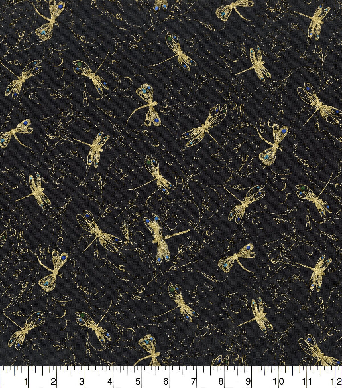 Hi Fashion Yellow Dragonfly Black Premium Metallic Cotton Fabric