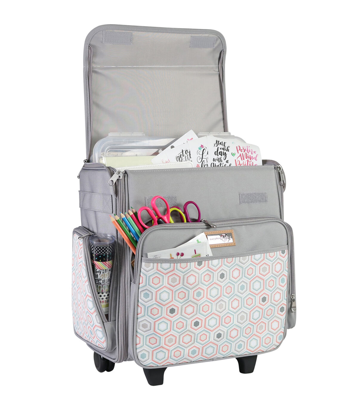 Everything Mary 15.5 Gray Hexagon Collapsible Rolling Craft Tote