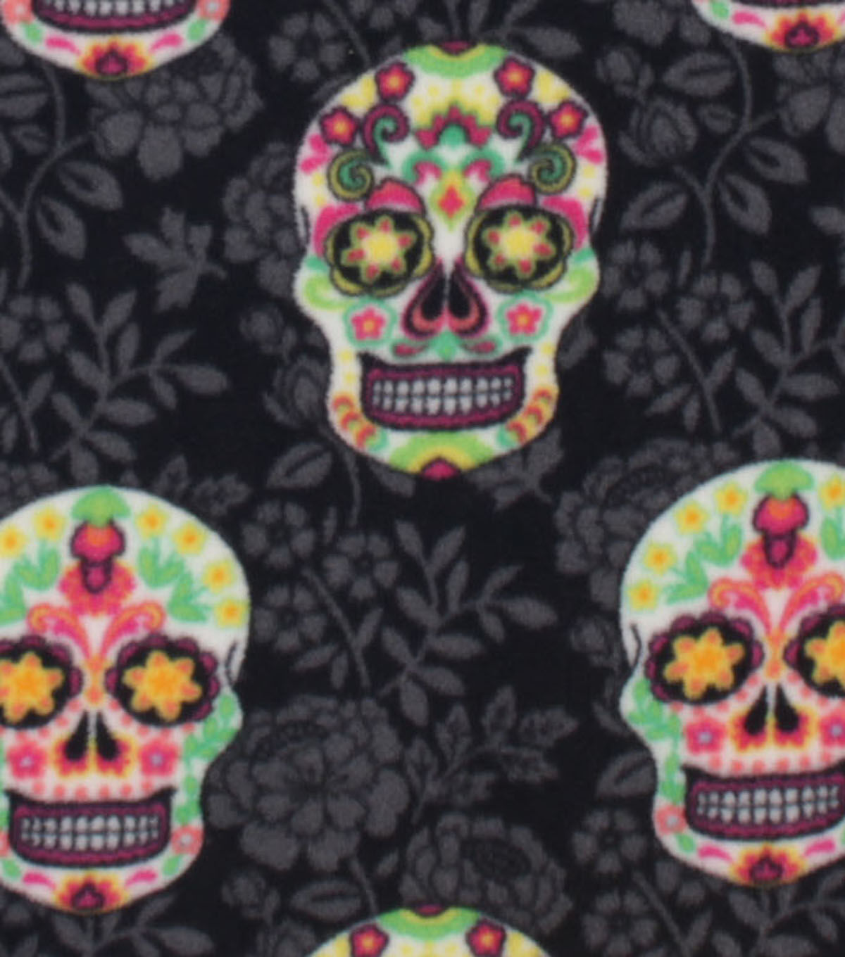 Skull Print With Sketched Floral on Black Anti Pill Plush Fleece Fabric