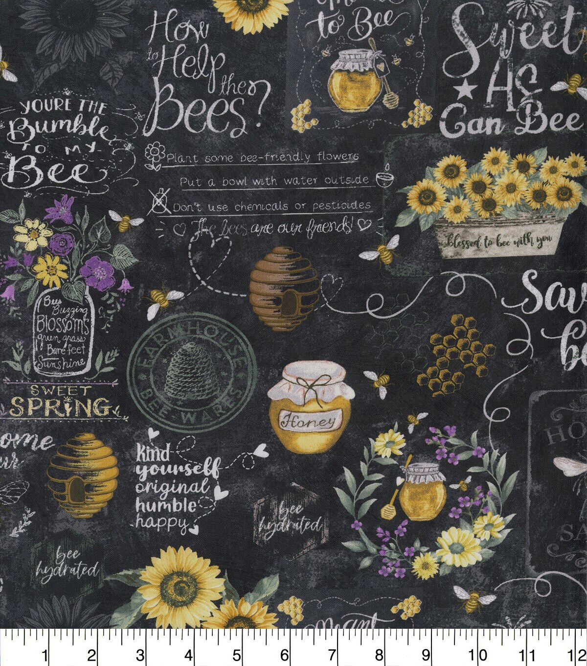 Hi Fashion Spring Bee Words on Black Premium Cotton Fabric