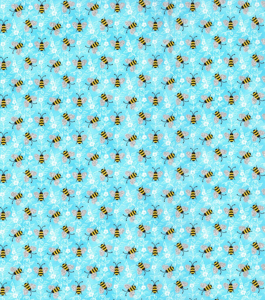 Fabric Traditions Bumblebees Light Blue Novelty Glitter Cotton Fabric