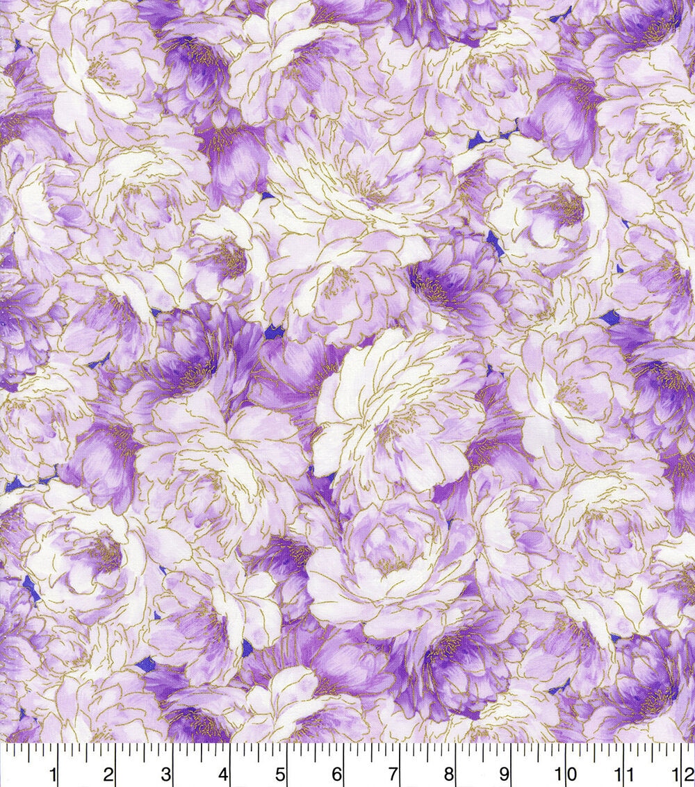 Hi Fashion Purple Garden Floral Packed Premium Metallic Cotton Fabric