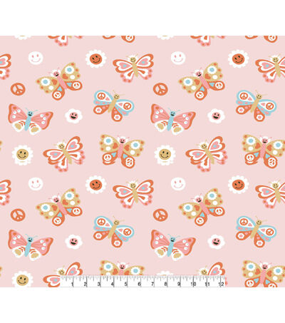 Pink Smiley Peace Butterflies Super Snuggle Flannel Fabric