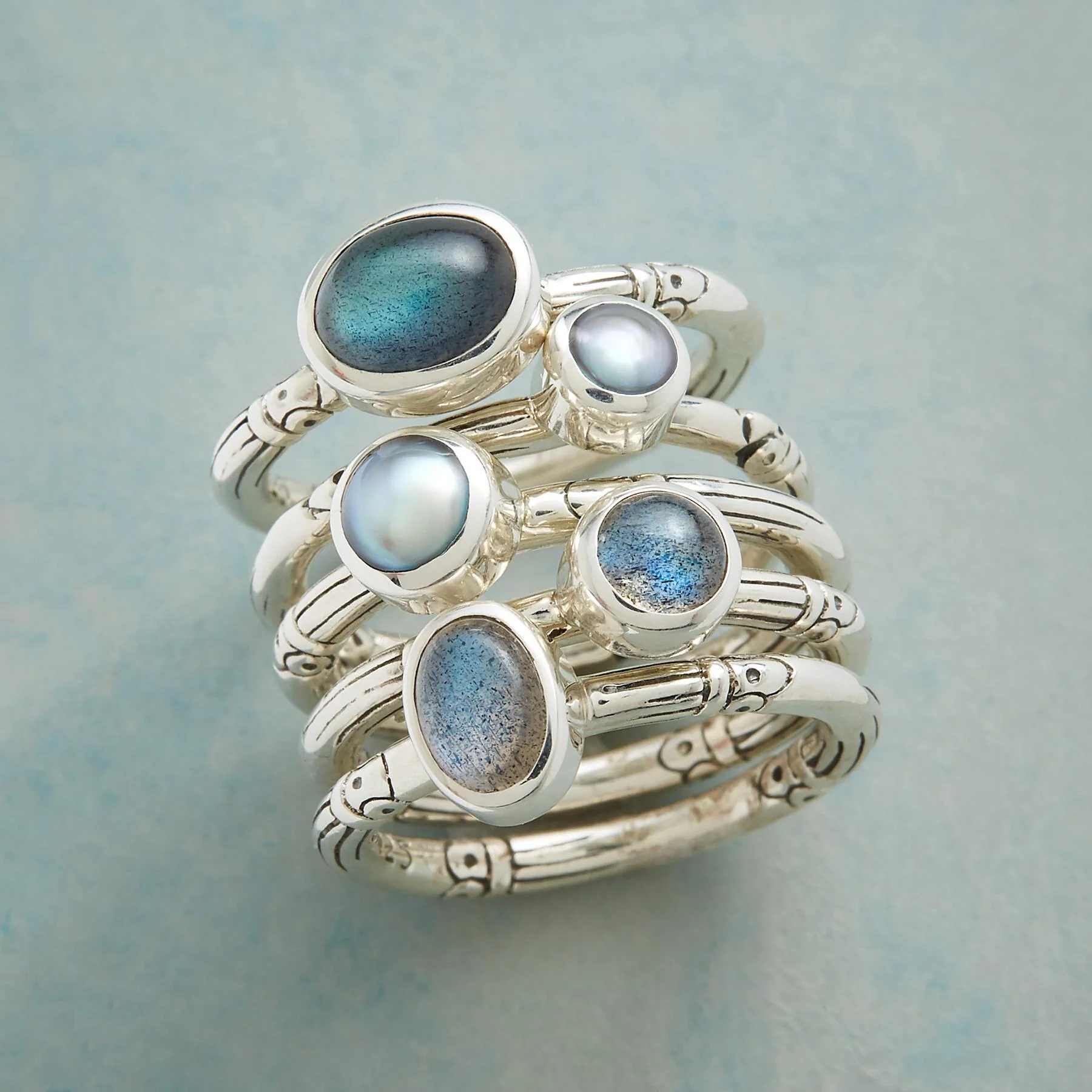 Labradorite And Pearl Ring Set S/5