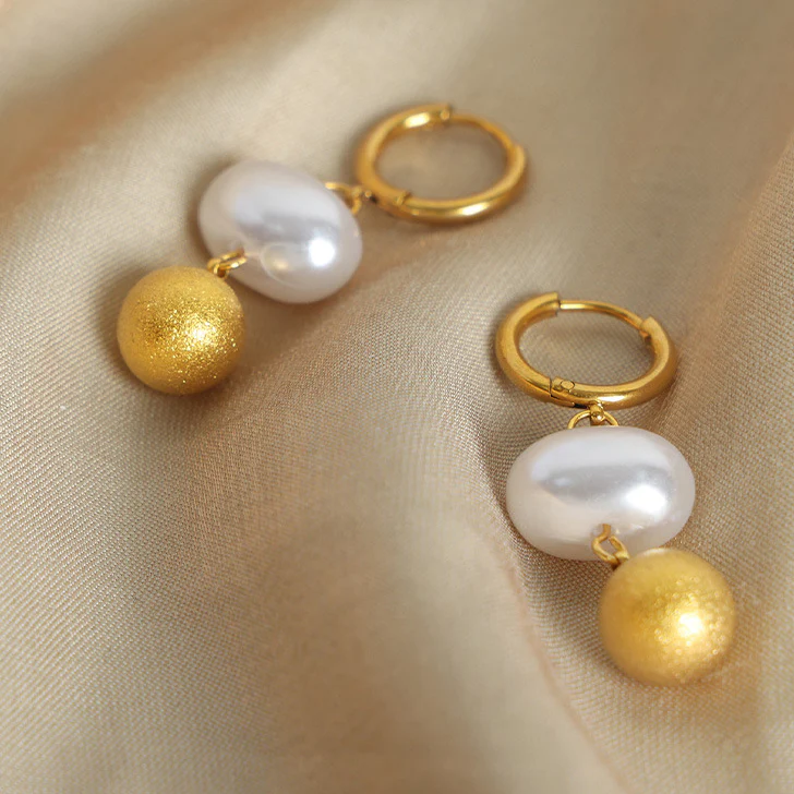 Frosted Gold Bead and Pearl Earrings