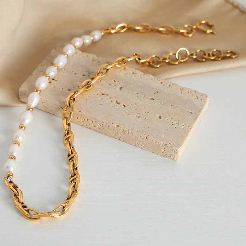 Freshwater Pearl Splicing Gold Thick Geometric Chain Necklace