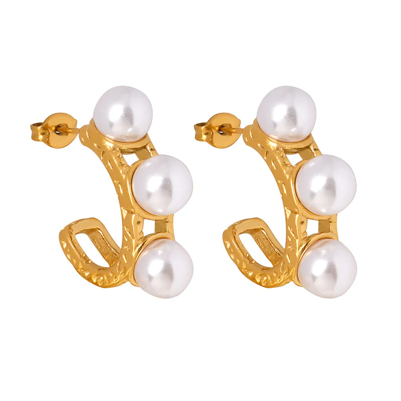 Hollow C Shape Three Pearls Earring