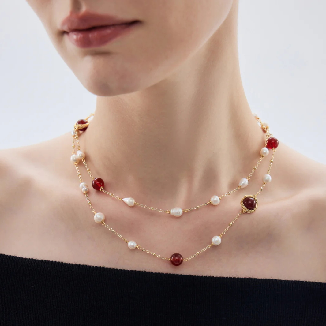 Long Natural Red Agate Freshwater Pearl Necklace