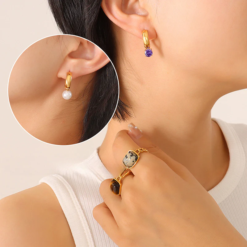 AB Asymmetrical Green Purple Zircon Pearl Earring