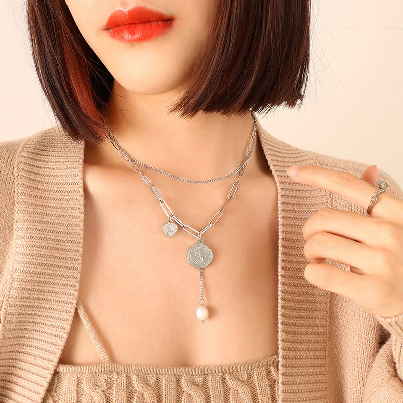 Two Layered Stacked Portrait Coin Pendant Necklaces