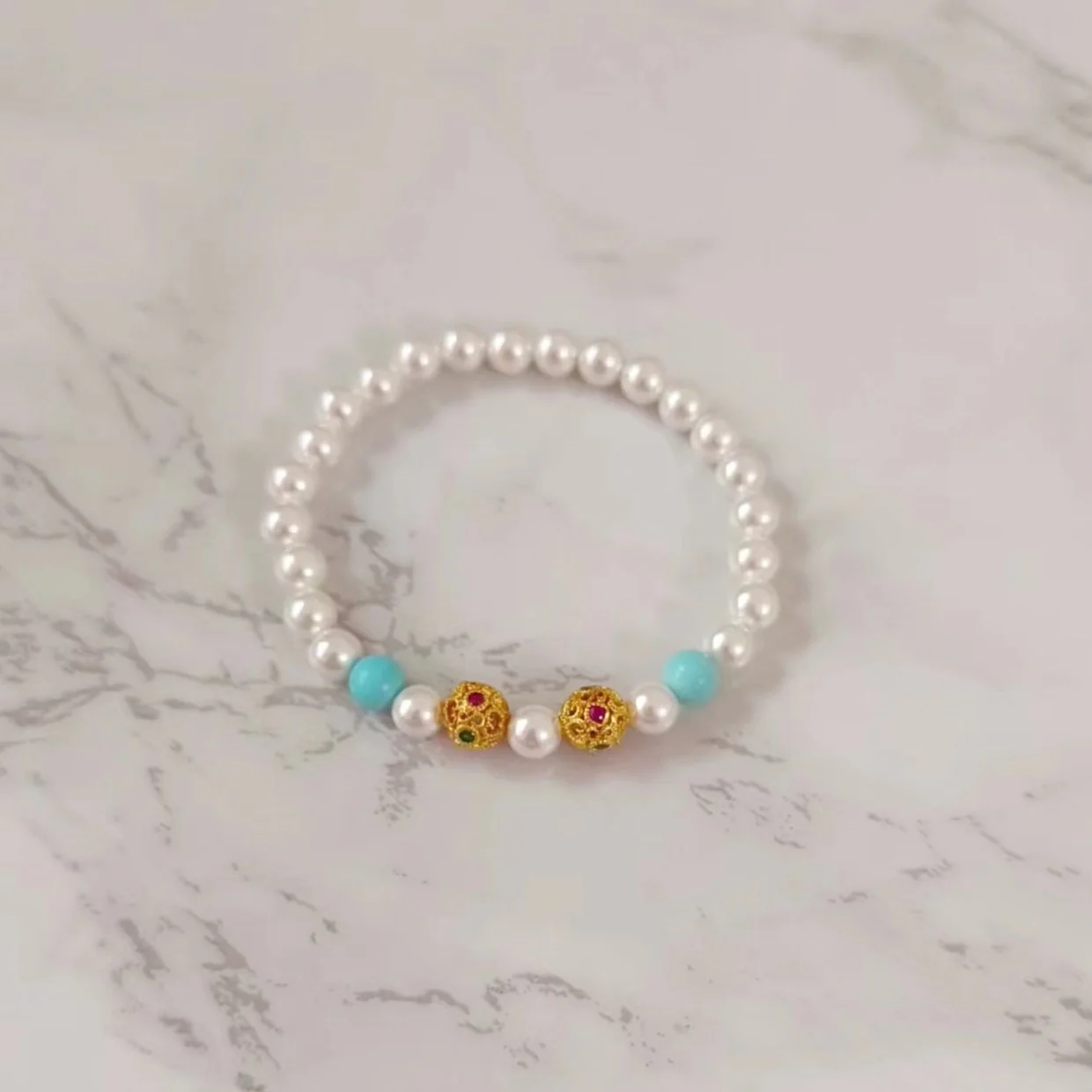 Handmade Elastic Turquoise Pearl Bracelet