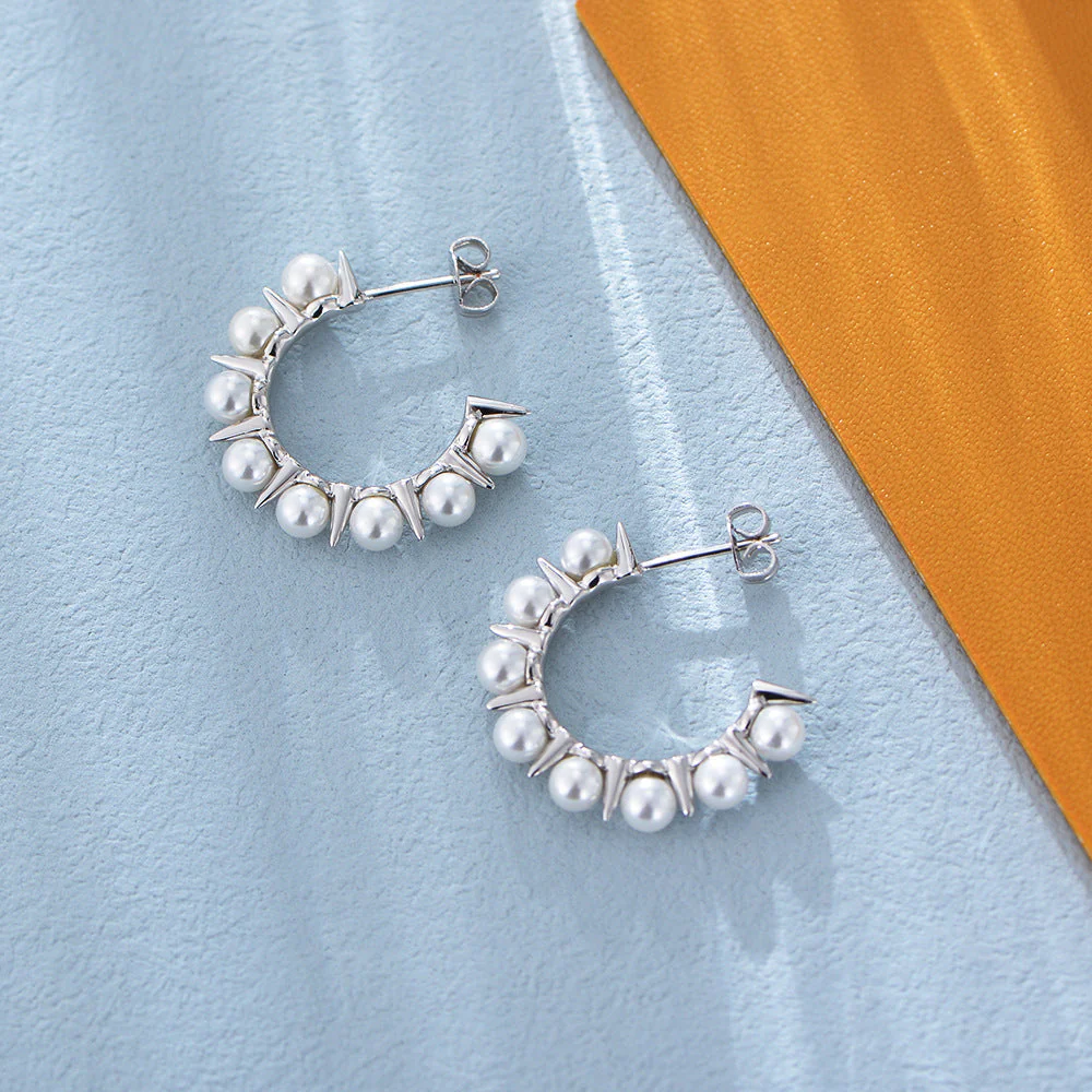 C Hoop Rivet Pearl Earrings