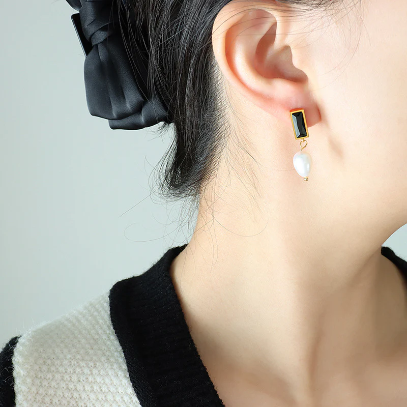 Black Zircon and Emerald Pearl Drop Earrings