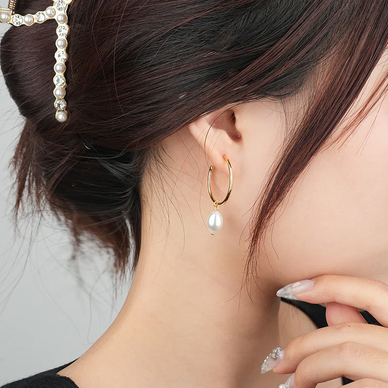 Gold Hoop Pearl Drop Earrings