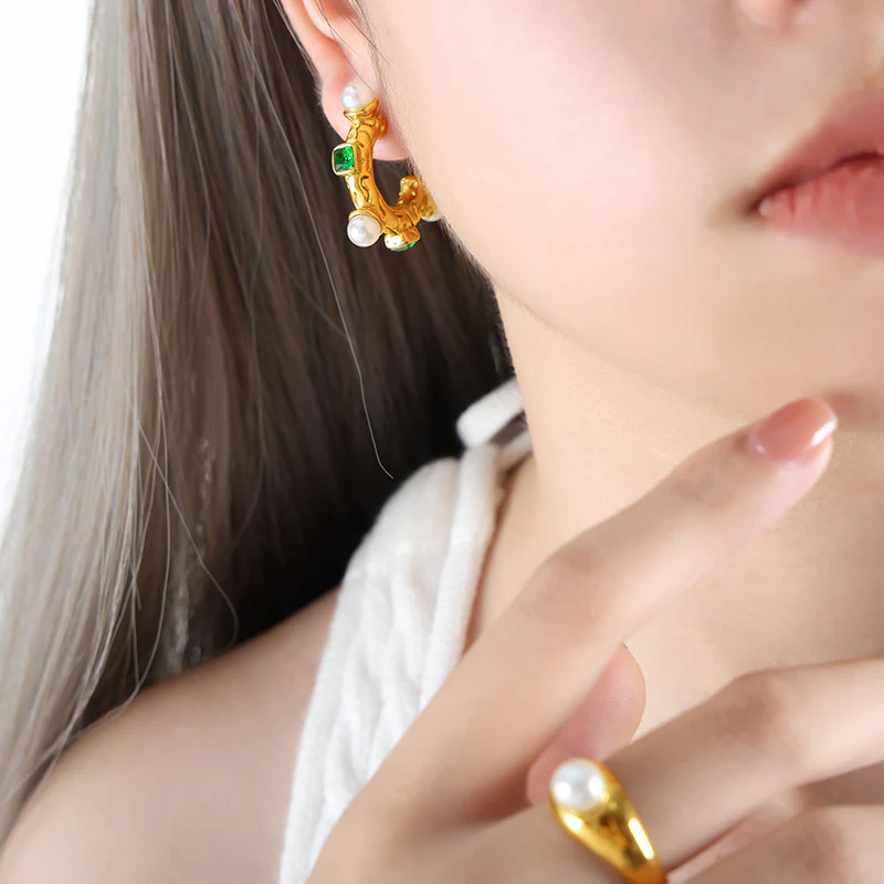 C Shape Emerald and Pearl Earrings