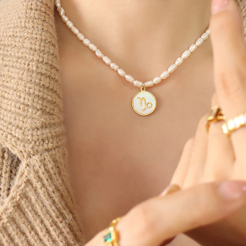 12 Constellation Zodiac Sign Round Pendant Freshwater Pearl Necklace