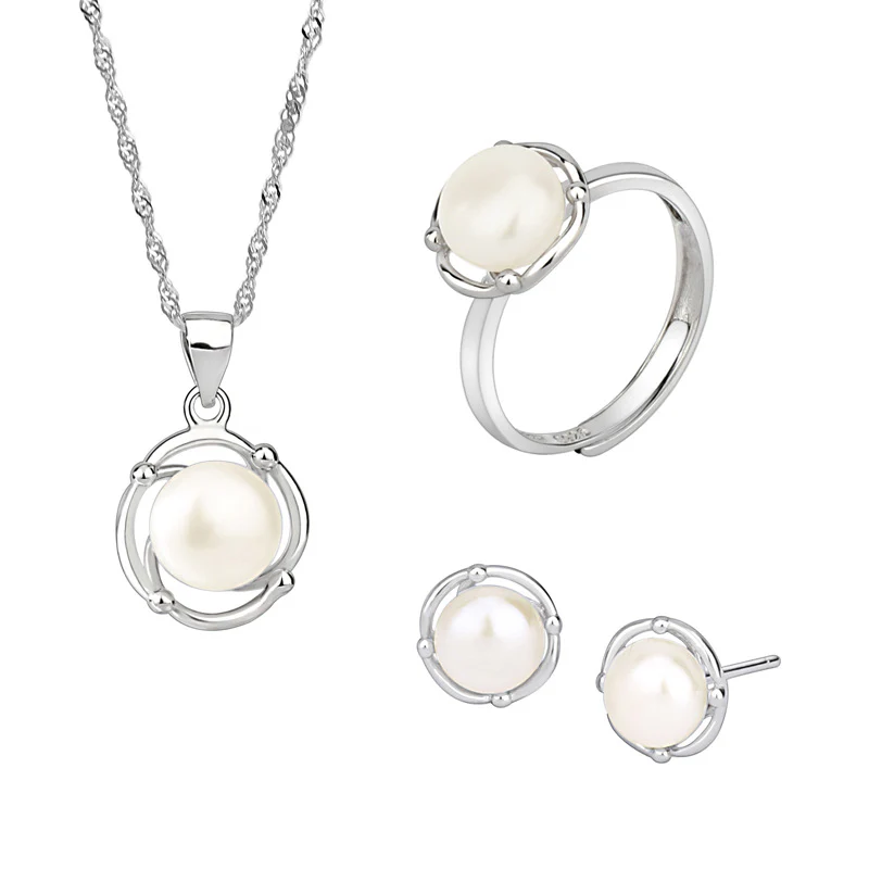 Minimalistic Pearl Pendant Necklace Earrings Ring Set
