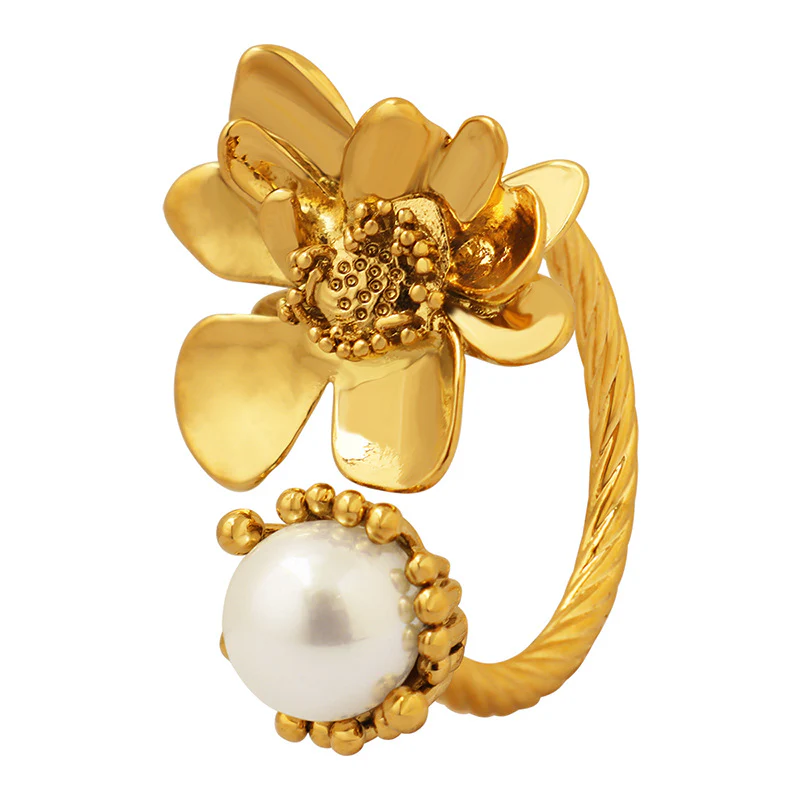 Flower and Pearl Between Finger Ring