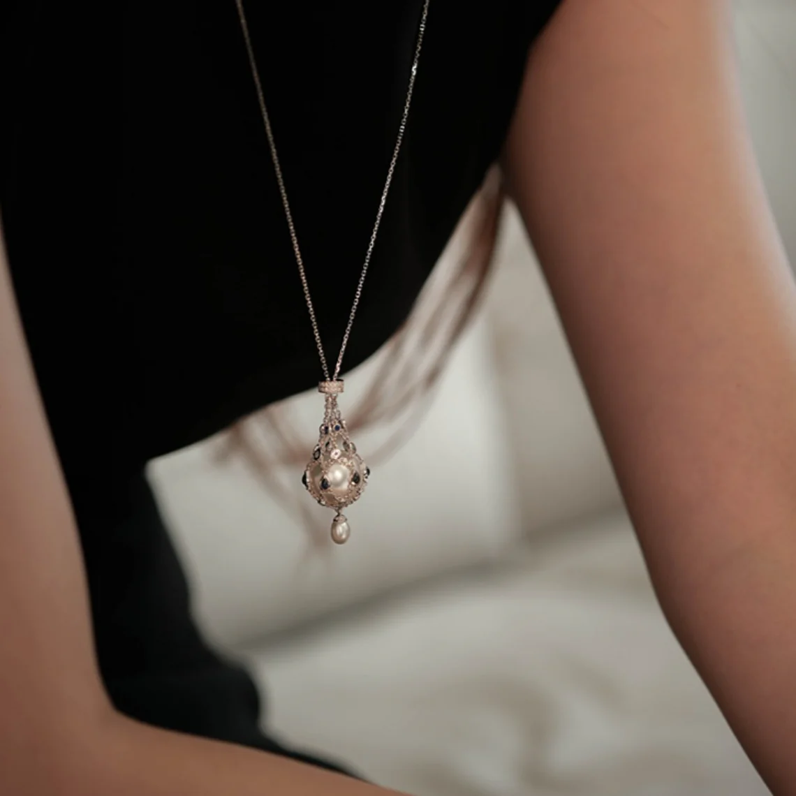 Freshwater Pearl & Blue Gemstone Pendant Necklace