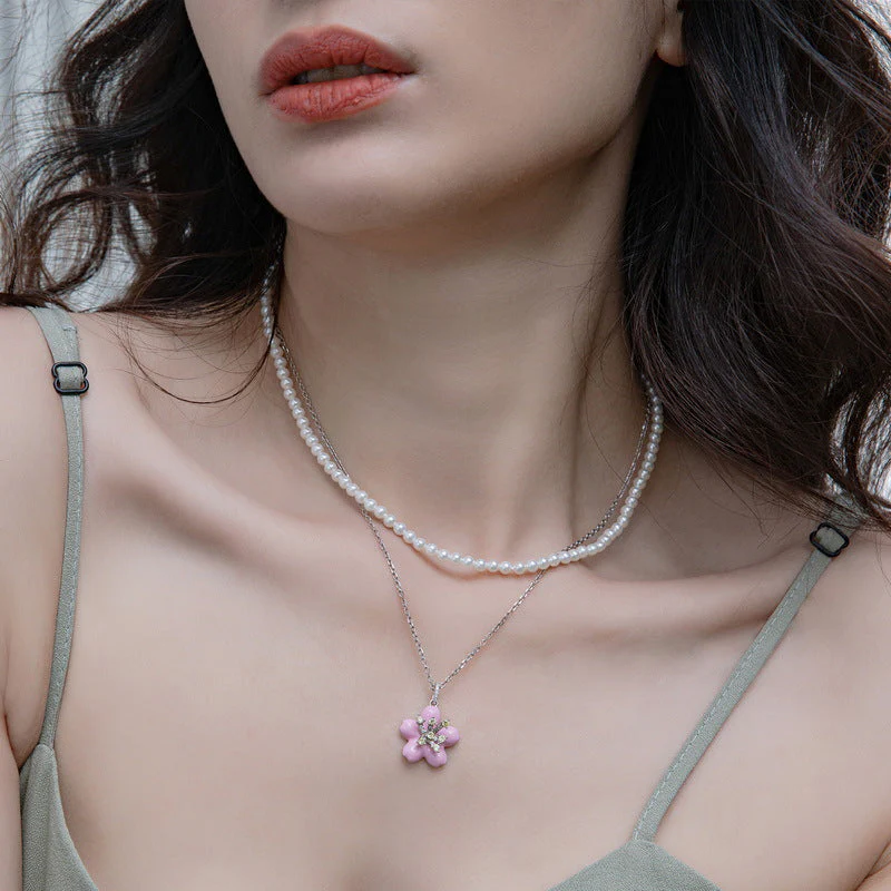 Two Layers Cherry Blossom Pendant  Pearl Necklace
