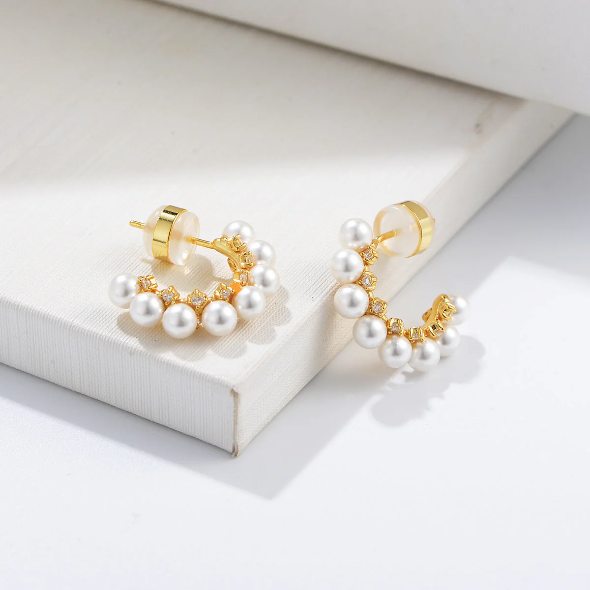 Pearl Half Hoop Earrings With Diamond