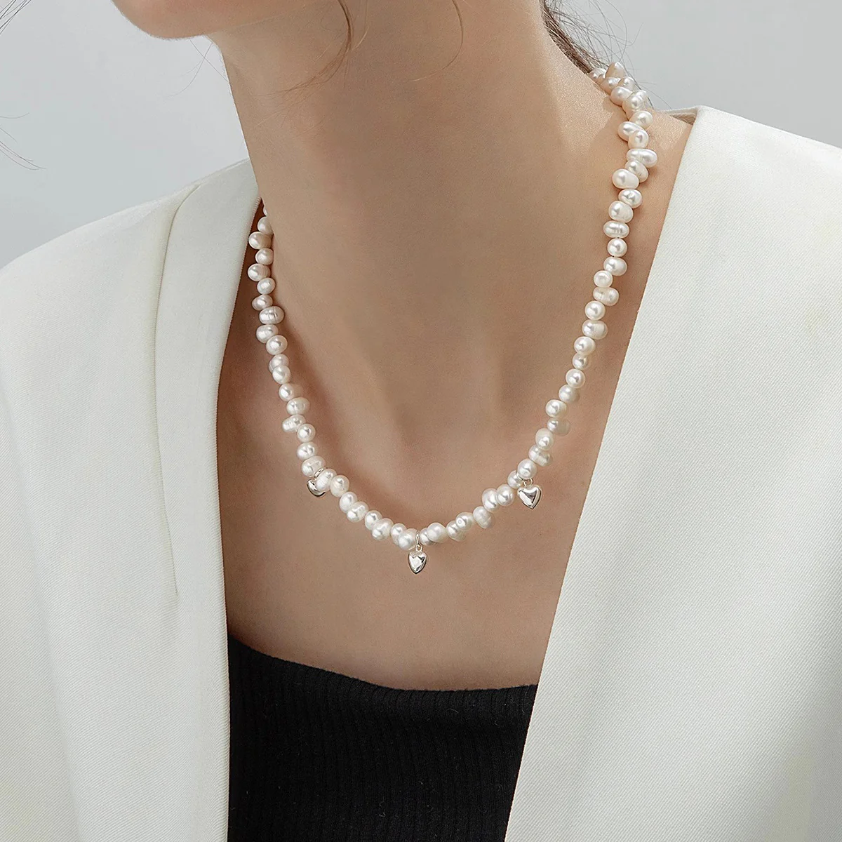 Small Love Heart Charms Natural Freshwater Pearl Necklace