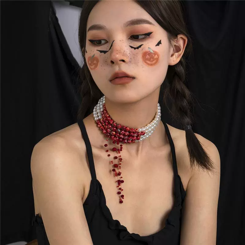 Vampire Bite Dracula Kiss Bloody Pearl Choker Necklace Bracelet Earrings Brooch