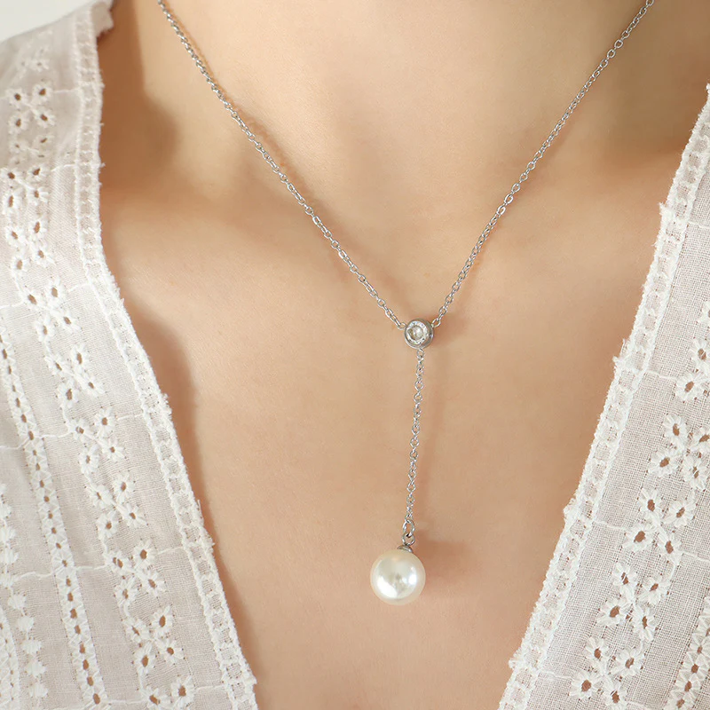 Dainty White Zircon Pearl Drop Y Necklace