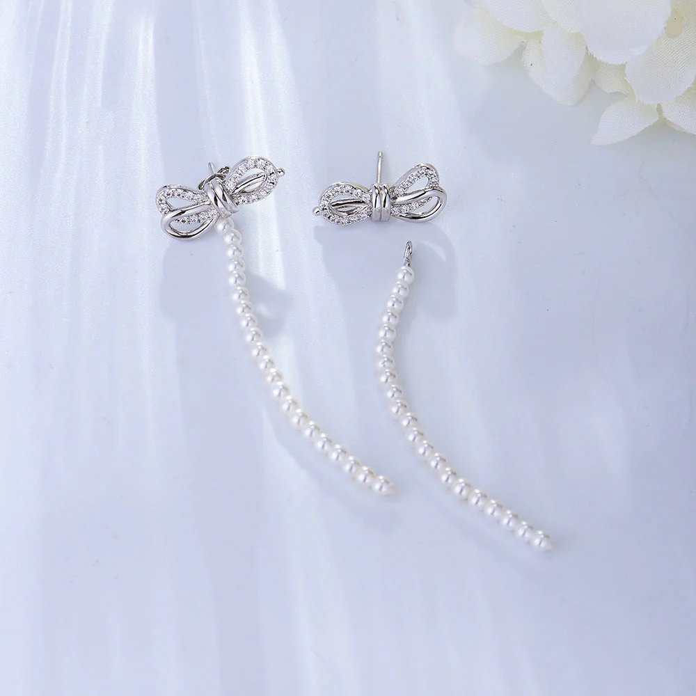 Zircon Bow And Pearl Earrings