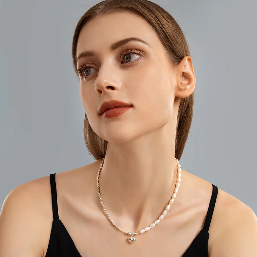 Half Pearl Half Silver Block Chain Heart Pendant Necklace Bracelet Set
