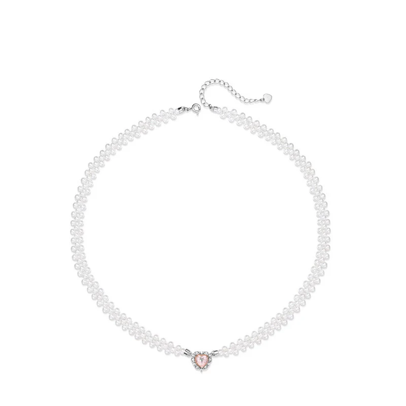 Princess Pink Crystal Love Heart Pendant Pearl Necklace